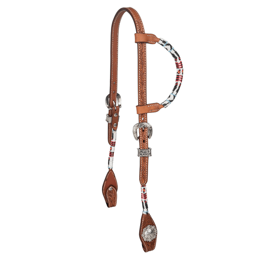 Tabelo Full Size Aztec Bead Headstall with Flower Tooling